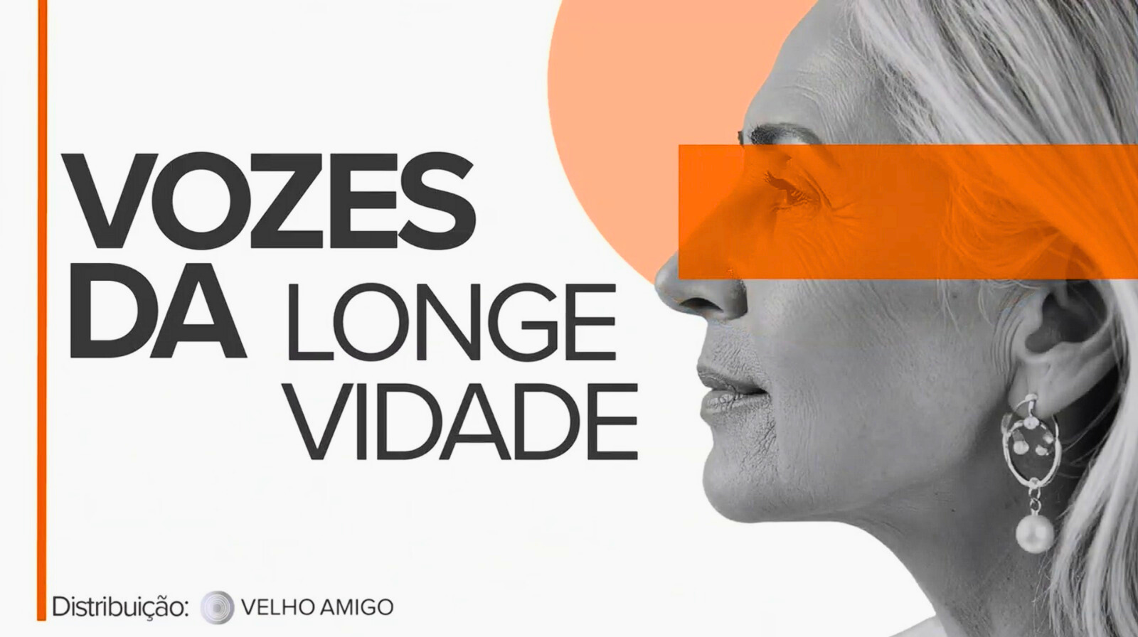 Identidade visual do videocast Vozes da Longevidade, com tipografia principal e elementos gráficos em preto e laranja sobre fundo claro.