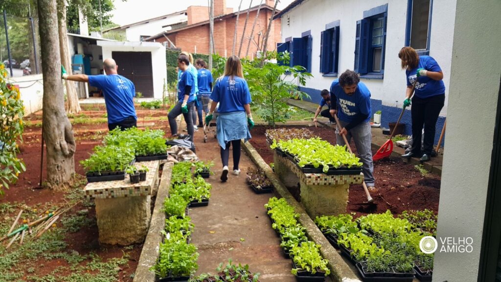 Participantes de ação voluntária atuam em atividade de manutenção e cultivo em área externa de instituição parceira.