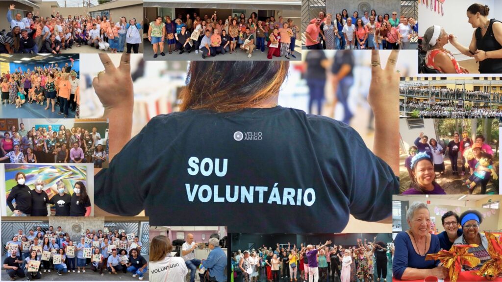 Mosaico com registros de diferentes ações voluntárias realizadas pelo Instituto Velho Amigo ao longo dos anos.