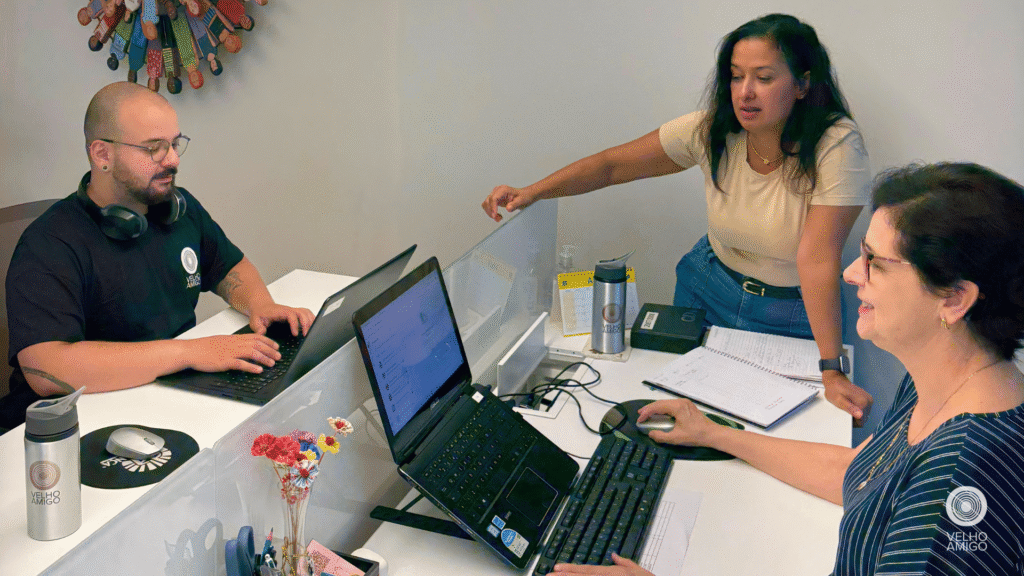 Equipe do Instituto Velho Amigo reunida em ambiente de trabalho realizando atividades profissionais e colaboração entre colegas.