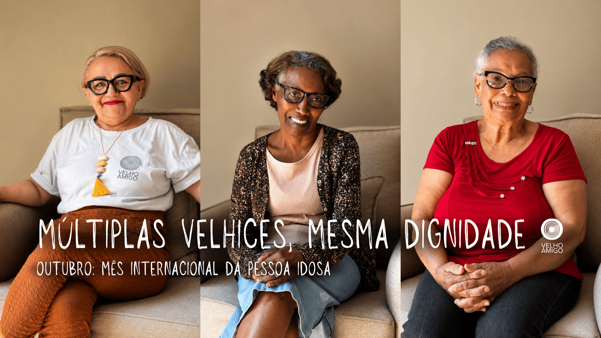 Retratos de participantes de atividades do Instituto Velho Amigo apresentados em composição visual da campanha Múltiplas Velhices, Mesma Dignidade.