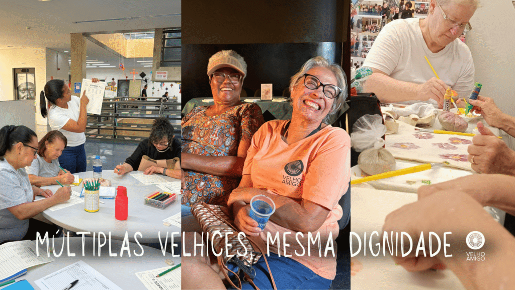 Registros de atividades realizadas por pessoas idosas em diferentes momentos de convivência, aprendizado e participação em ações do Instituto Velho Amigo.