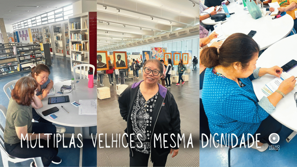 Pessoas participando de atividades educativas, culturais e de inclusão digital em diferentes ambientes.